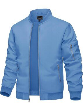 🆕Men's Ice Blue Bomber Jacket Lightweight Spring Fall Windbreaker Casual